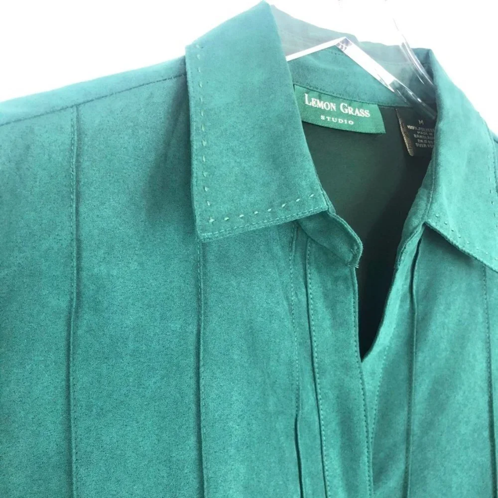 Lemon Grass Studio Faux Suede Shirt Womens Size M Green Pintuck Button Down Top